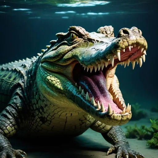 Prompt: lots of plants and wildlife in the sea that are beautiful and colorful crocodile that is otherworldly and huge, amazing predator with amazing visuals,scary,darkness,monster,huge