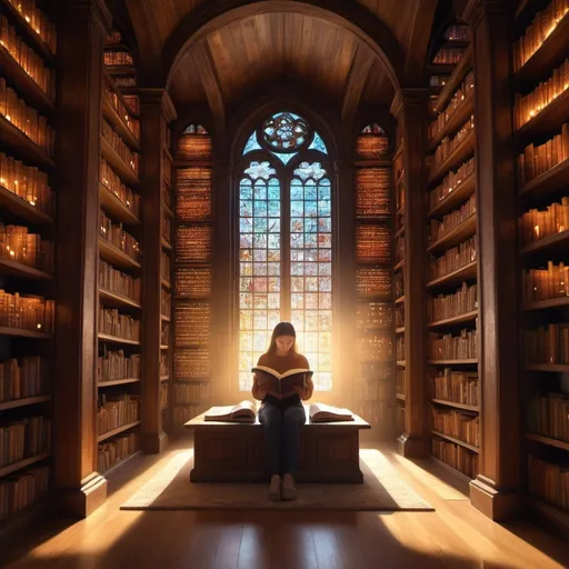 Prompt: "Person reading a large book in a serene library, surrounded by floating glowing letters and symbols, learning aura, vibrant colors, warm tones, inspirational atmosphere, background of tall wooden bookshelves filled with ancient texts, beams of sunlight filtering through stained glass windows, ultra-detailed, 4K, high resolution, photorealistic"