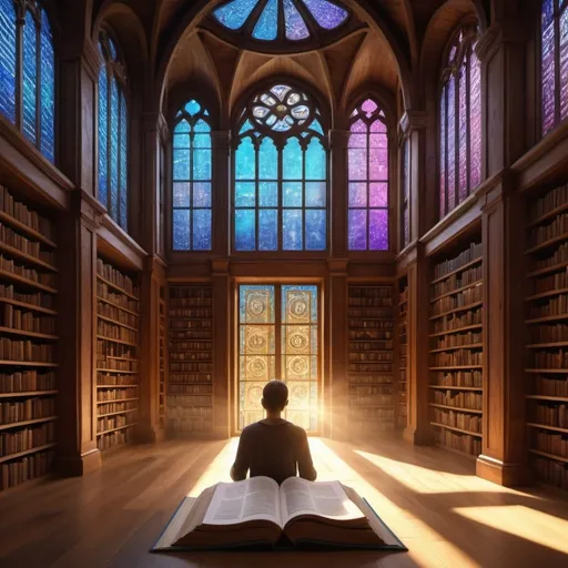 Prompt: "Person reading a large book in a serene library, surrounded by floating glowing letters and symbols, learning aura, vibrant colors, warm tones, inspirational atmosphere, background of tall wooden bookshelves filled with ancient texts, beams of sunlight filtering through stained glass windows, ultra-detailed, 4K, high resolution, photorealistic"