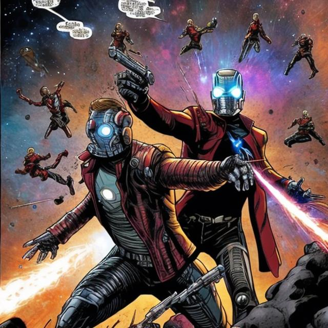 Prompt: Star-lord shooting iron man in the head while crying with the guardians of the galaxy dead in the background 