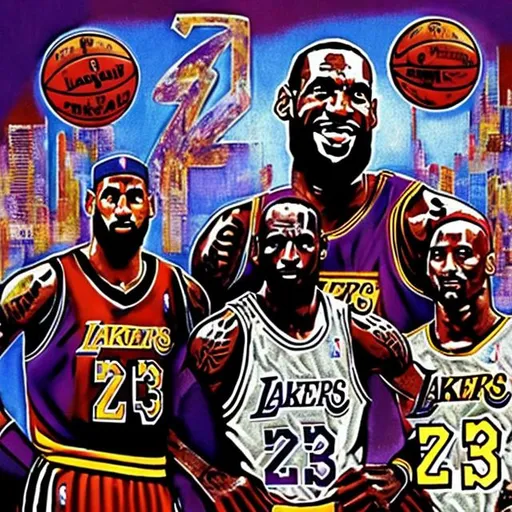 Prompt: LeBron James, Kobe Bryant, and Michael Jordan beside each other with NBA 75 in the background with pascal paints