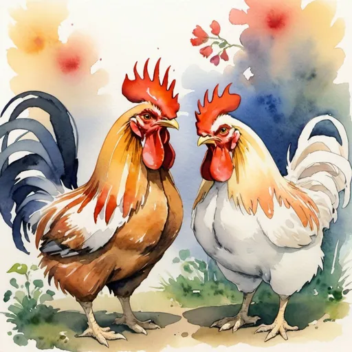 Prompt: rooster and hen, sweet, love, studio ghibli, watercolor