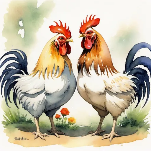 Prompt: rooster and hen, sweet, love, studio ghibli, watercolor