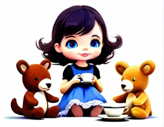 Prompt: in a meadow the little girl plays at tea time with her stuffed animals
