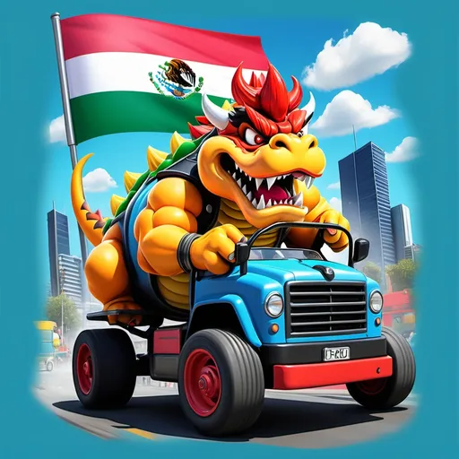 Prompt: Mexican Bowser, vibrant streetstyle t-shirt featuring the Mexico flag, driving a colorful road work truck realized as a kart, engaging with dynamic, playful action, against a backdrop of a lively cityscape under a clear blue sky, joyful and energetic atmosphere, bright vivid colors, ultra-detailed, 4K.