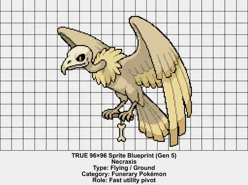 Prompt: 🪶🏜️ Necraxis — TRUE 96×96 Sprite Blueprint (Gen 5)
Type: Flying / Ground
Category: Funerary Pokémon
Role: Fast utility pivot
Size tier (Gen 1–5 reference): Fearow / Skarmory (lean avian)
🟦 Canvas & Pixel Occupation
Canvas: 96×96 Pixels
Occupied area: ~62×50 pixels
Anchor: Bottom-center (perching stance)
Negative space: Moderate above wings
🧱 Primary Silhouette (1× Zoom Critical)
Egyptian vulture body
Long wings partially folded
Slight forward lean
Talons visible beneath body
⬤⬤⬤⬤⬤
⬤⬤⬤⬤⬤⬤⬤⬤⬤
⬤⬤⬤
⬤⬤ ⬤⬤
🦅 Body & Wing Construction
Slim torso
Long neck, slightly curved
Wings:
folded but readable
feather edges layered like papyrus scrolls
straight, rectangular feather tips (not rounded)
🦴 Face & Head Details
Bare face, bone-white
Eyes dark with gold-lined markings (1 px accent)
Beak narrow and hooked
Expression neutral, observant—not ominous
🪬 Ritual Details
Carries small bone or charm in one talon:
simple 2–3 px shape
hangs downward
Does not brandish or threaten
🎨 Palette Rules
Feathers: Sandy beige, pale tan
Papyrus edges: Muted parchment yellow
Face: Bone-white
Gold markings: Very limited warm gold
Outline: BW black
❌ No glow
❌ No spectral effects