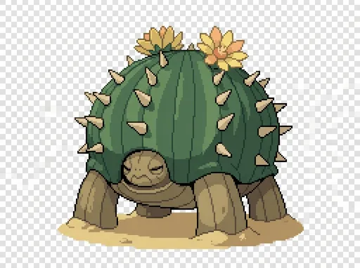 Prompt: 🌵🐢🛡️ Cactankle — TRUE 96×96 Sprite Blueprint (Gen 5)
Type: Ground
 Category: Fortress Tortoise Pokémon
 Role: Heavy physical wall
 Size tier (Gen 1–5 reference): Torterra / Rhyperior

🟦 Canvas & Pixel Occupation
Canvas: 96×96 pixels
Occupied area: ~78×70 pixels
Anchor: Bottom-center


Negative space: Almost none — fills the frame



🧱 Primary Silhouette (1× Zoom Critical)
Massive domed cactus shell


Thick, pillar-like legs


Head barely visible, recessed


Extremely wide base


  ⬤⬤⬤⬤⬤⬤⬤⬤
 ⬤⬤⬤⬤⬤⬤⬤⬤⬤⬤
       ⬤⬤⬤
 ⬤⬤           ⬤⬤


🌵 Shell Construction
Shell resembles full barrel cactus


Thick vertical ridges, very defined


Large hardened spines:


longer than Cactortle’s


fewer, but heavier


Shell surface reads as armor



🌼 Desert Bloom Details
After-rain flowers implied via:


2–3 medium blooms


warm desert colors (yellow, pale orange)


Flowers should never clutter silhouette



🐢 Body Construction
Legs extremely thick, stump-like


Feet partially buried in sand


Head small relative to shell


Eyes barely visible, calm and ancient


🎨 Palette Rules
Shell: Deeper cactus green (same family as Cactortle)


Spines: Bone beige


Skin: Darkened sand tan


Flowers: Muted desert tones


Outline:  thin 1x pixels
❌ No shine


❌ No neon

