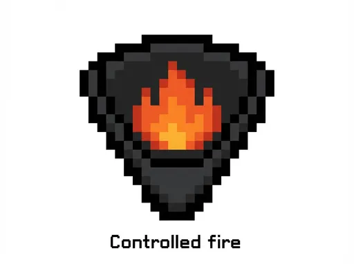 Prompt: 🔥 Pyre Badge — Purposeful Flame
Type: Fire
Shape: Inverted triangle / teardrop
 Occupied area: ~22×26 px
Pixel Structure
Outer flame container (bowl/tear shape)


Inner flame


centered, not touching outline


Flame edges smooth, restrained


Palette
Ember orange (inner flame)


Charcoal black (container)


Black (outline)


Read at 1×: “Controlled fire”

