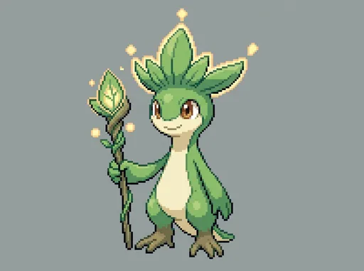 Prompt: 🌿✨ Guidelune — Gen 5 Sprite Concept
📐 Sprite Scale & Proportions
Size tier: Medium


Gen 1–5 reference: Bayleef / Leavanny (BW scale)


Canvas: 96×96 pixels


Pose: Upright, relaxed stance


Silhouette: Slim body, leaf crown clearly visible, gentle glow accents



🎨 Visual Details
🌿 Body & Posture
Taller, more confident posture than Sproutle


Body proportions more balanced and symmetrical


Root-feet now stronger, planted firmly


Stance feels steady, reassuring—not defensive



🍃 Leaf “Hair” Evolution
Leaf hair now stands upright, forming a gentle crown


Edges smoother, healthier, no longer torn


Leaves curve outward slightly, welcoming rather than withdrawn


🎒 Accessories
Carries either:


A vine staff wrapped in leaves


Accessory reinforces “mentor” role, not combat


👁️ Face & Expression
Expression warm, attentive, and patient


Eyes focused outward—aware of others


Subtle smile or softened mouth line


🎮 Readability Notes
Must feel safe and dependable


Clearly Grass/Fairy without excess sparkle


Looks like a Pokémon others would naturally follow



🎨 Palette & Technical Notes
Primary: Healthy leaf green


Secondary: Soft cream, pale gold


Fairy glow: Warm white / light pastel yellow


Outlines: Thin 1 pixel 


Shading: Clean contrast, DS-friendly





