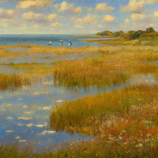 Prompt: create a painting in the style of impressionism of Rye Nature Reserve in East Sussex, include birds grazing on the marsh lakes and seabirds flying in the sky as well as 2 Comoros flying towards the sea