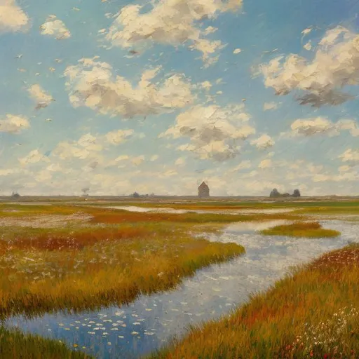 Prompt: create a painting in the style of impressionism of Rye Nature Reserve in East Sussex,
 include birds grazing on the marsh lakes 
 seabirds flying in the sky 
 2 Comoros flying towards the sea