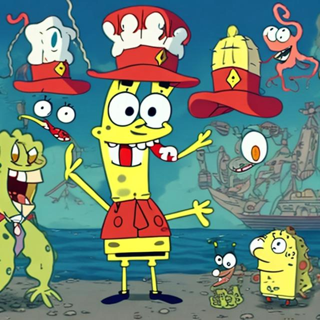 Prompt: Mr. Krabs, donning a makeshift sailor hat,
rallied his loyal crew of SpongeBob SquarePants
and Squidward Tentacles. During WW2

The TV show SpongeBob SquarePants