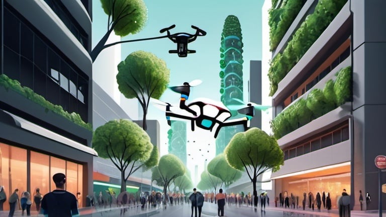 Prompt: Generative AI  has made its way into our everyday life. Futuristic city
highly detailed, flying drones, people in casual clothes, many trees    