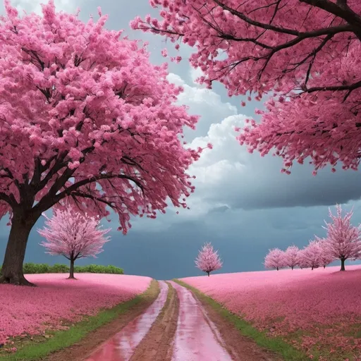 Prompt: Fondo para pc de lluvia con cielo rosa y arboles de cereso
