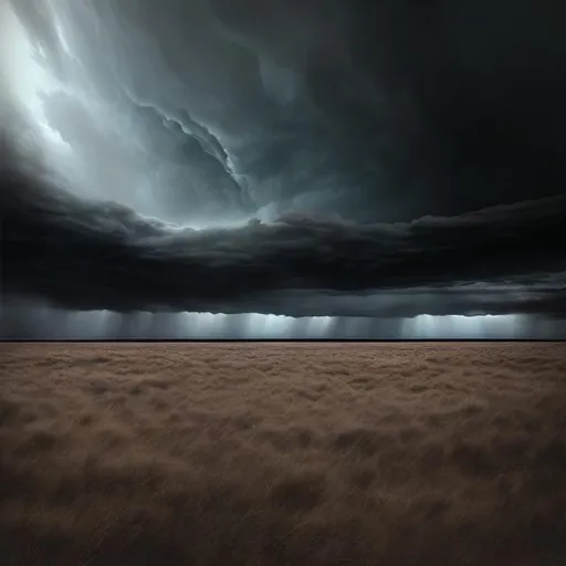Prompt: Eerie calm before the storm landscape, realistic digital painting, desolate open field, approaching storm clouds, looming darkness, tranquil yet ominous atmosphere, high quality, realistic, detailed, atmospheric, moody lighting, dramatic sky, impending storm, serene yet foreboding, professional, intense emotions, realistic digital painting, natural tones, dramatic lighting