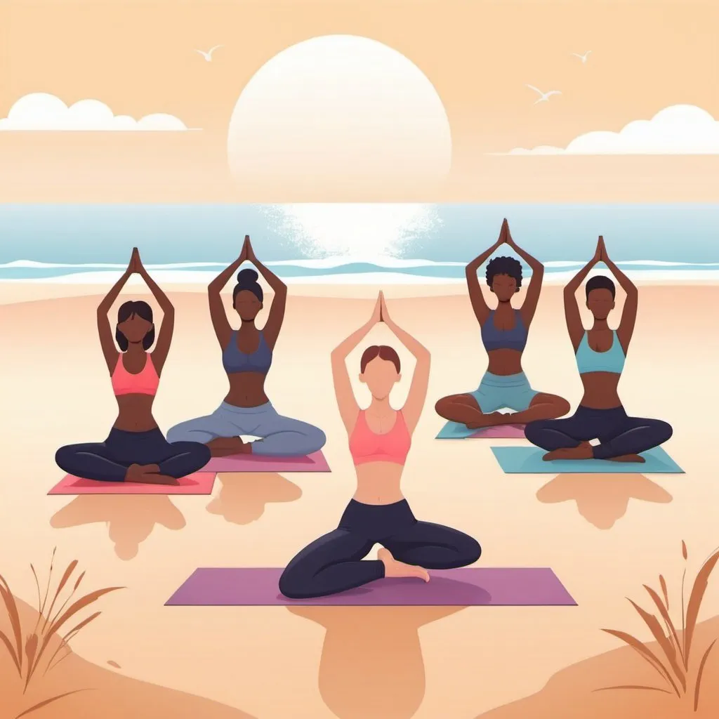 Prompt: People practice yoga on beach vector illustration.