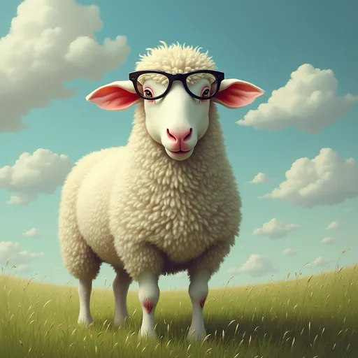 Prompt: a sheep with glasses on it's head is standing in the grass with clouds in the background and a sky with clouds, Colin Middleton, pop surrealism, artgem, a character portrait

let it be from far shown full body and from side view