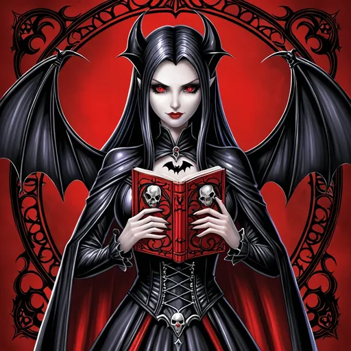 Prompt: a woman in a gothic costume holding a book and a bat in her hand with a red background and a gothic - themed design, Anne Stokes, gothic art, gothic, a detailed painting vampire anime