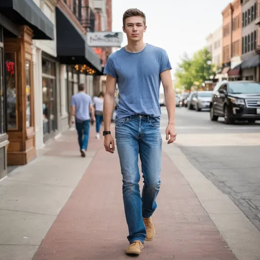 Prompt: Tall young man in blue jeans and a t-shirt walking down mainstreet