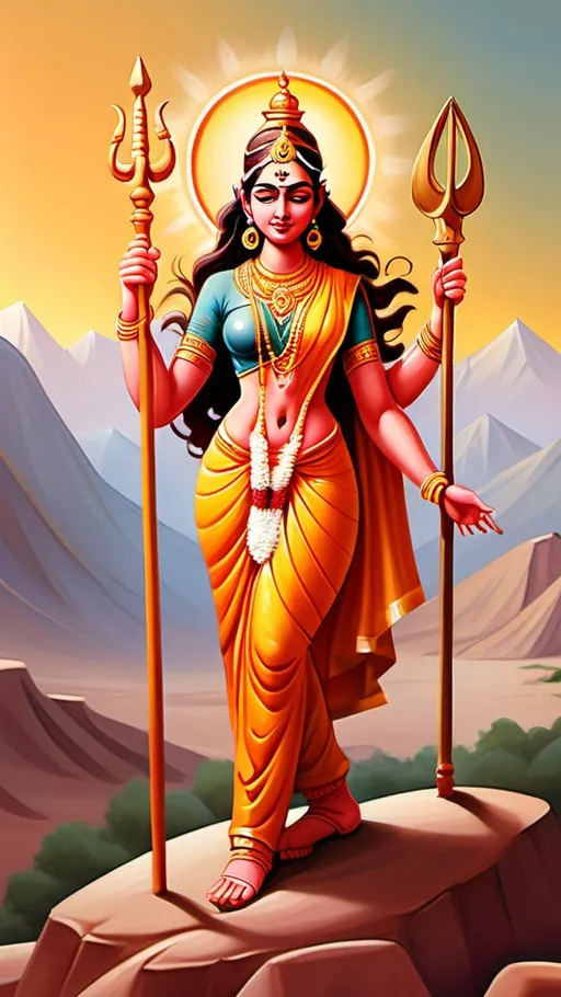 Prompt: Prompt: Create an image of Karni Mata depicted as a saintly figure, surrounded by a divine aura, holding a trident, symbolizing her as an incarnation of Goddess Durga. Include elements like a serene desert landscape, and a temple in the background.