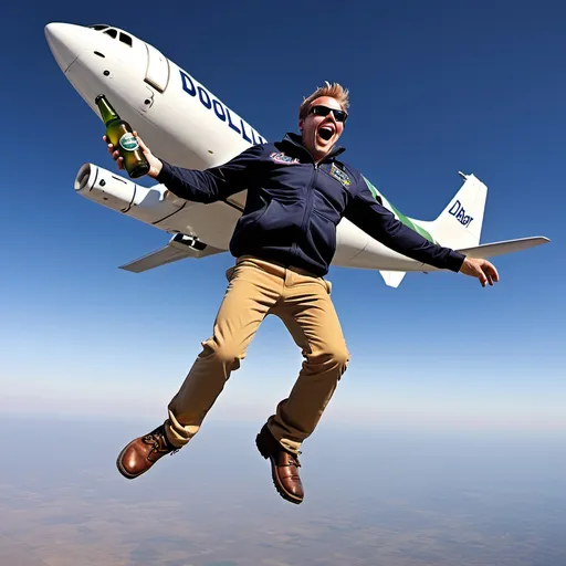 Prompt: Guy jumping out a plane to go straight to dollar beers to enjoy a dollar beer 