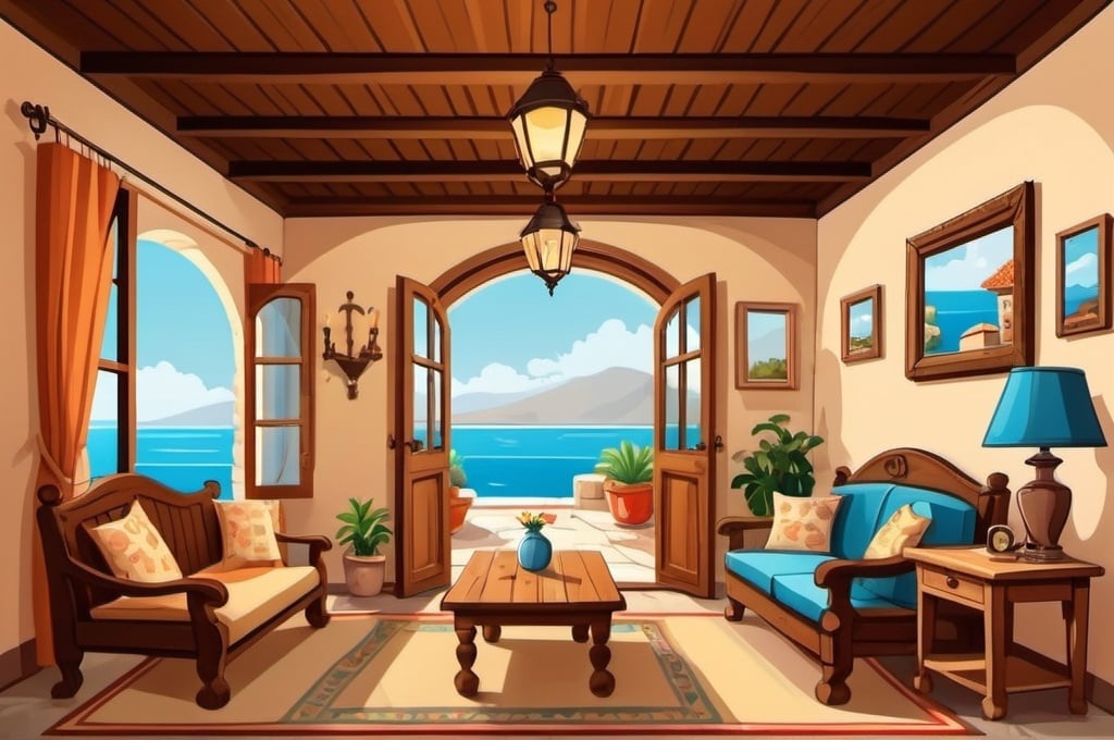 Prompt: a cartoon style old rustic living room in Mediterranean seaside resort