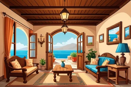Prompt: a cartoon style old rustic living room in Mediterranean seaside resort
