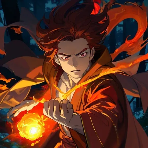 Prompt: Young man casting a fireball, vibrant red and yellow clothing, mystical forest background, detailed facial features, flowing robes, high quality, fantasy, vibrant color palette, magical lighting, intense and focused gaze, fiery atmosphere, 2D, brown hair, no facial hair, detailed eyes, mystical forest, flowing robes, vibrant colors, intense focus, high quality, fantasy, magical lighting, fiery atmosphere