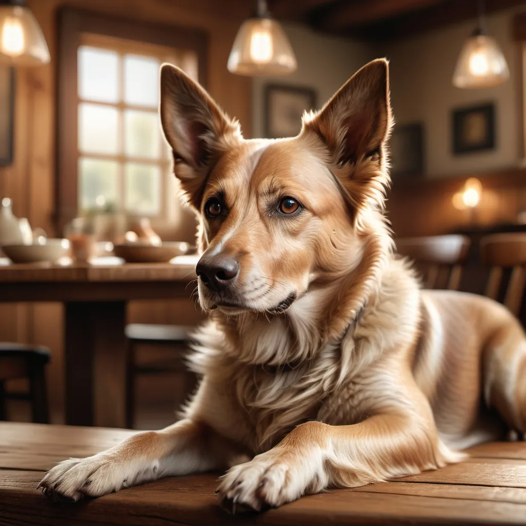 Prompt: (realism style), detailed (photorealistic) depiction of a dog sitting thoughtfully on a wooden table, richly textured surface, soft natural light illuminating its fur, warm color tones enhancing the cozy atmosphere, background featuring interesting, blurred decor elements, ultra-detailed, capturing the personality of the dog, serene and calm mood.