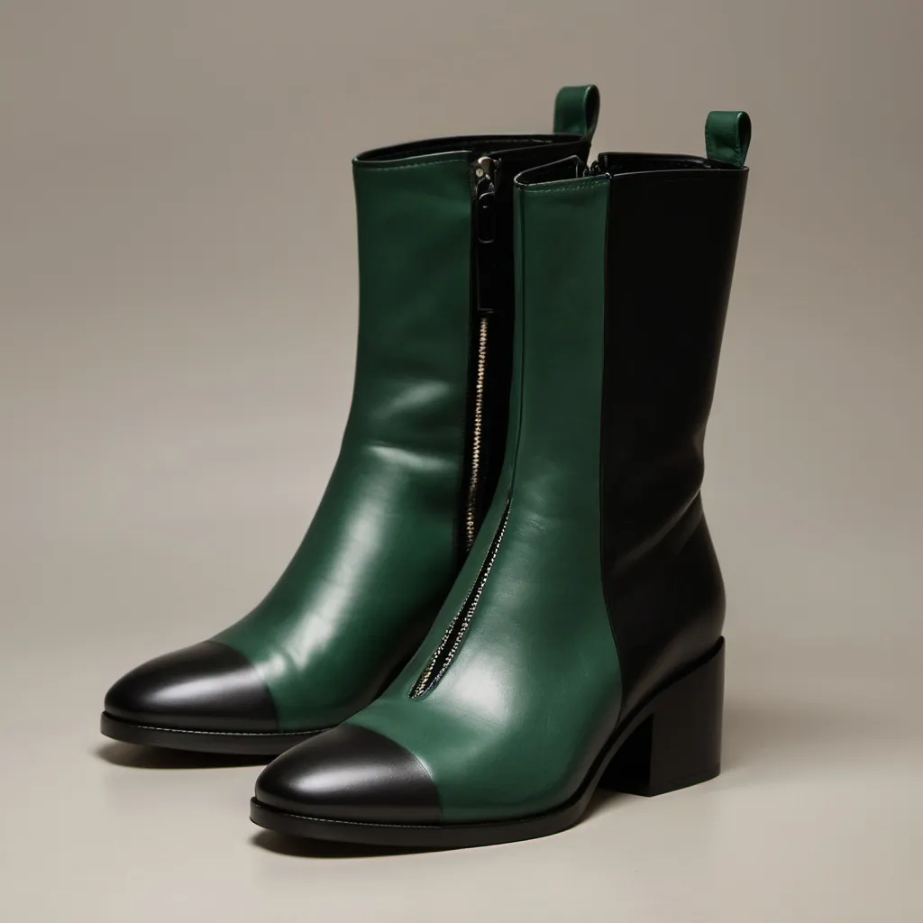 Prompt: I Create boots with zipper opening tese boot colour is dark black green

