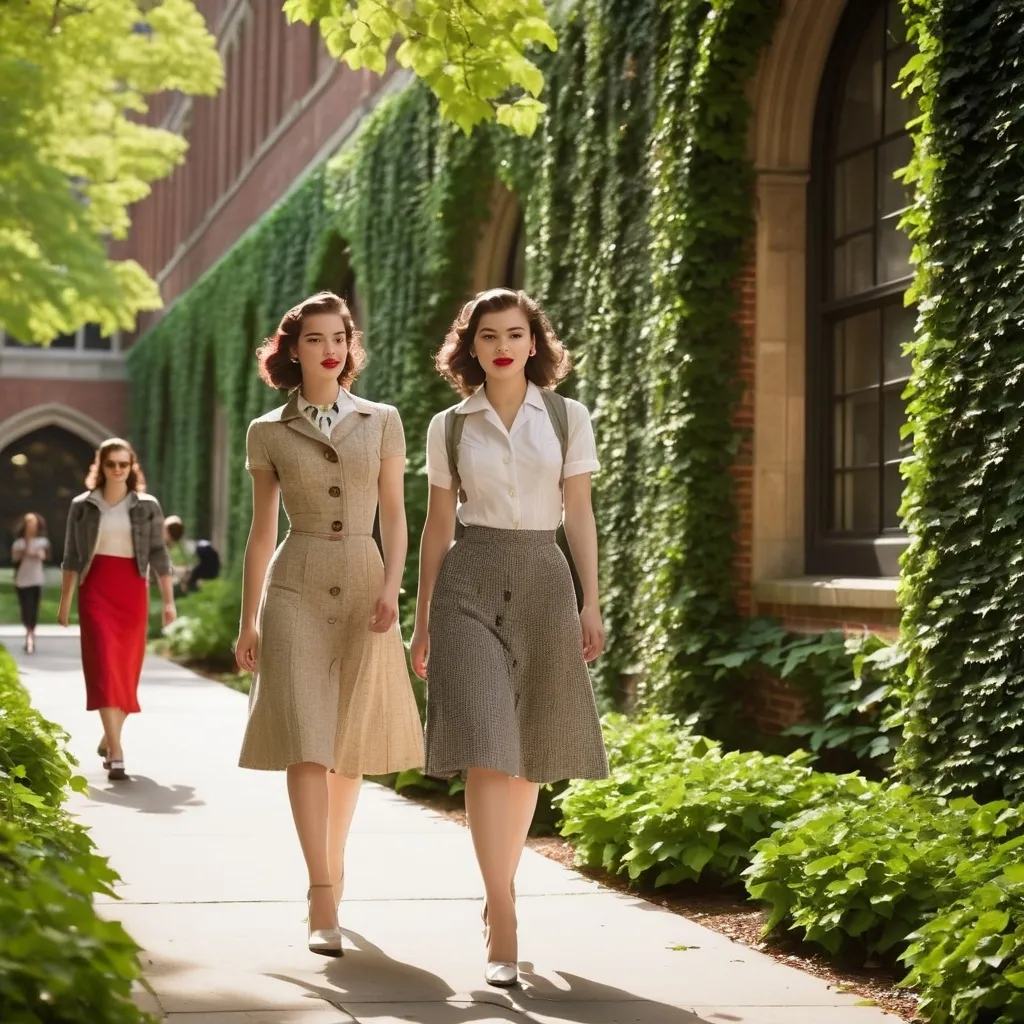 Prompt: A young fashion model art student girls walk  in the university  courtyard surrounded by brick buildings with Ivy   1950s university of Chicago 