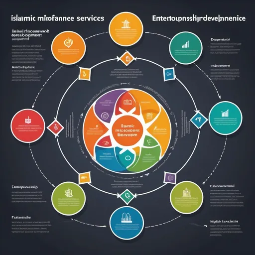 Prompt: (diagram illustrating conceptual framework), relationship between (Islamic microfinance services) and (entrepreneurship development), intermediary factors, (financial inclusion), (business growth), socio-economic impact, logical flow, graphical representation, professional, clear labels, modern design, (highly detailed), vibrant colors, infographics style, educational use, analytical, suitable for presentations, (4K quality).