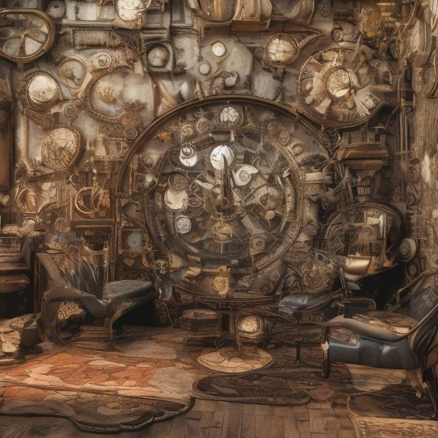 Prompt: Room made of steampunk clocks
Large
One chair
Floorplan