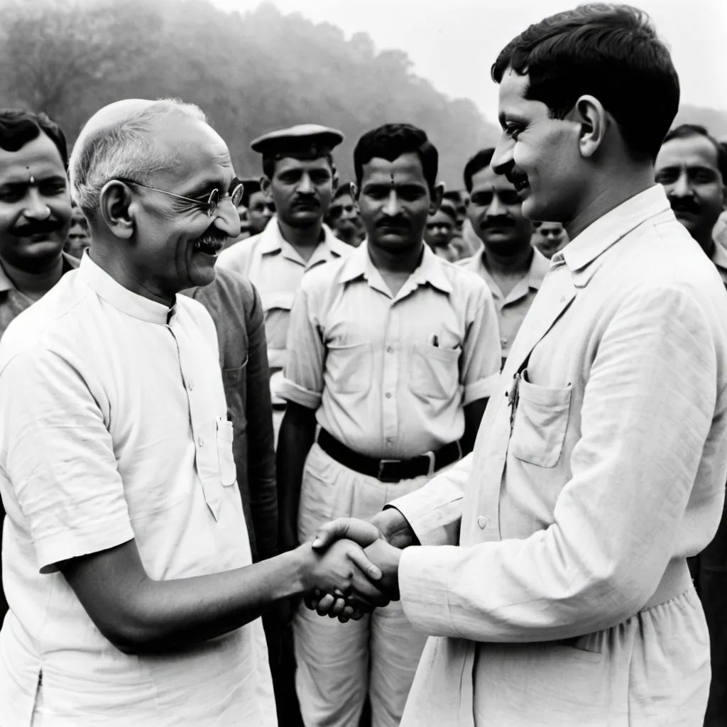 Prompt: Mahatma Gandhi shaking hands with NathuRam godse 