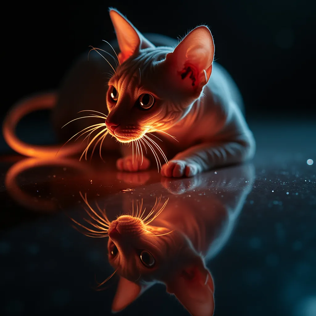 Prompt: Artistic photography of the reflections of a sphynx cat, bright shine glowing outlines, in the style of dramatic lighting effects, surrealistic, post process, inspired by Man Ray's visionary photography, large-screen camera, photo art that is also inspired by digital art, light reflection, liquid, negative colors, masterpiece of art, transparency