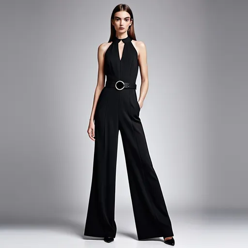 Prompt: Make a look a sophisticated black jumpsuit, with a luxurious texture that adds depth to the look. The design has a wide leg shape, creating a fluid and elegant silhouette. The detail on the neckline is one of the highlights, with geometric cut-outs that bring a contemporary and daring touch to the garment. The waist is marked by a belt in the same fabric, accentuating the shape of the body and creating a balance between structure and movement. The look is modern, powerful and perfect for more formal events or the catwalk, conveying confidence and style.