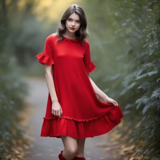 Prompt: Make it an all-red dress with a very delicate and feminine design. It has a short length and a loose fit, offering comfort and lightness. The sleeves consist only of a ruffle at the armhole and the hem of the garment also has ruffles, adding a romantic and youthful touch. The round collar (PETER PAN) is soft, complementing the casual air of the look. This look seems ideal for a teen collection, with a relaxed and charming vibe. The hair in two side buns also reinforces this fun, youthful aesthetic.