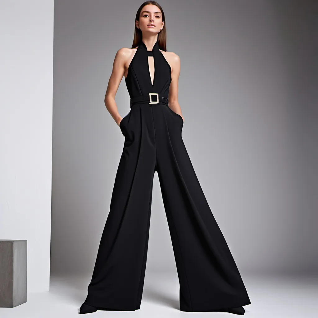 Prompt: Make a look a sophisticated black jumpsuit, with a luxurious texture that adds depth to the look. The design has a wide leg shape, creating a fluid and elegant silhouette. The detail on the neckline is one of the highlights, with geometric cut-outs that bring a contemporary and daring touch to the garment. The waist is marked by a belt in the same fabric, accentuating the shape of the body and creating a balance between structure and movement. The look is modern, powerful and perfect for more formal events or the catwalk, conveying confidence and style.