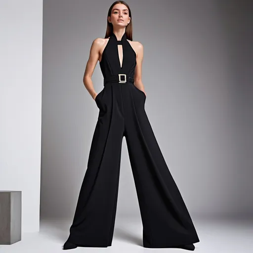 Prompt: Make a look a sophisticated black jumpsuit, with a luxurious texture that adds depth to the look. The design has a wide leg shape, creating a fluid and elegant silhouette. The detail on the neckline is one of the highlights, with geometric cut-outs that bring a contemporary and daring touch to the garment. The waist is marked by a belt in the same fabric, accentuating the shape of the body and creating a balance between structure and movement. The look is modern, powerful and perfect for more formal events or the catwalk, conveying confidence and style.