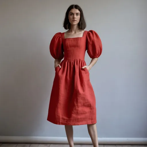 Prompt: Make a red linen dress with puffed sleeves, a midi length and a square neckline