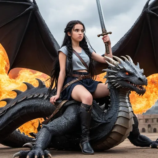 Prompt: A teen girl with long, braided black hair sitting on a large dragon with a sword and fire behind her, looking away preparing for battle
