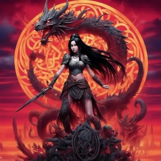 Prompt: A girl with long braided black hair standing on a dragon with a sword, with a<mymodel> Red sky behind her