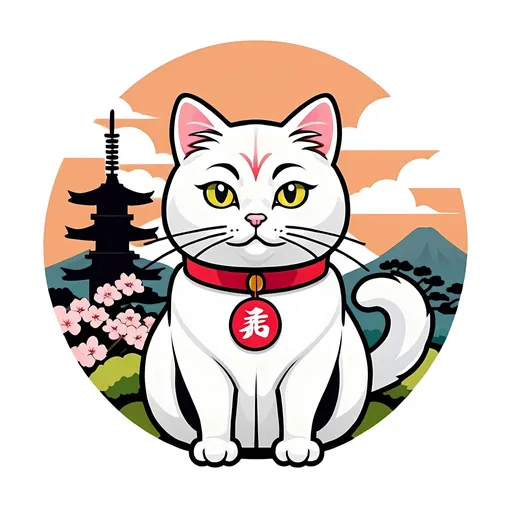 Prompt: Stylized cartoon japanese white cat mascot, with a japanese collar, facing forward, vector flat logo, simple lines, cute cartoon illustration, japanese garden backdrop