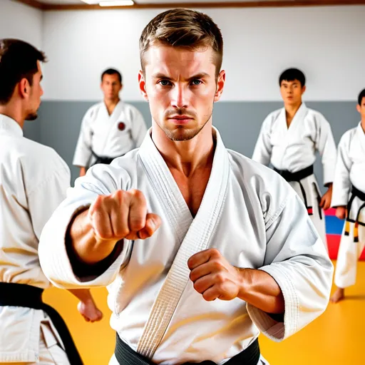 Prompt: Handsome white man, muscular, karate ka, in karate club