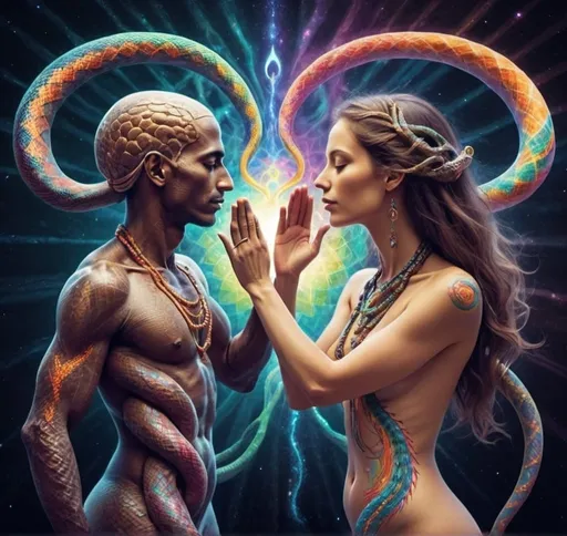 Prompt: Profile full male body to left , profile  full female body to right, exchanging infinite energy flow through their hands, Kundalini serpent coming up spine, Auras with lots of colors, psychedelic, dmt, unconditional love, spiritual , meridian points