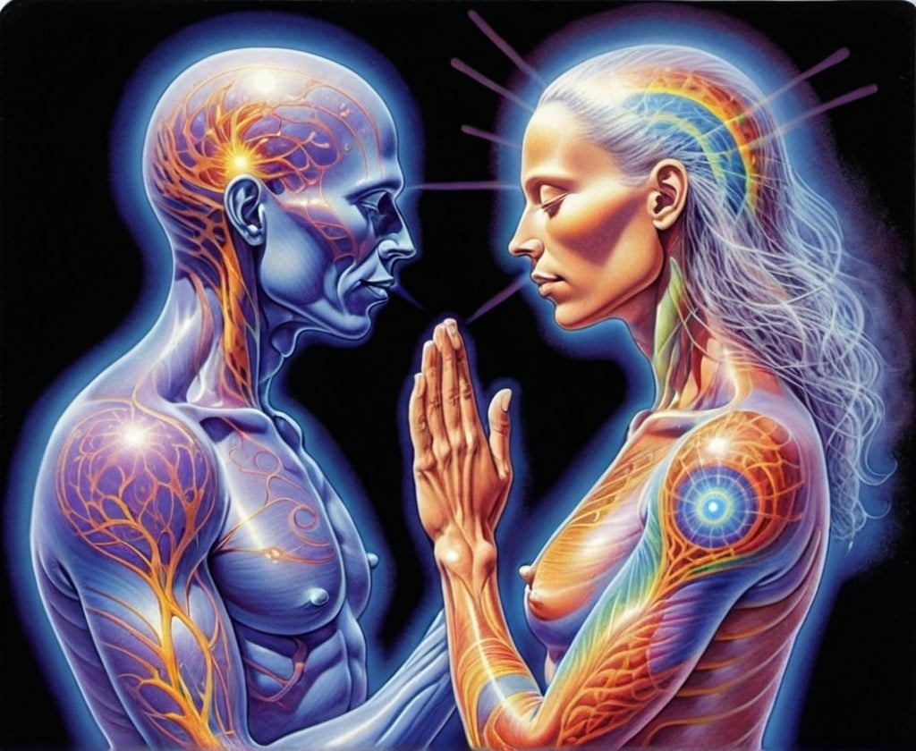 Prompt: Profile of male body to left , profile of full female body, exchanging infinite energy flow through their hands, Auras, psychedelic, dmt, Alex grey, spiritual 