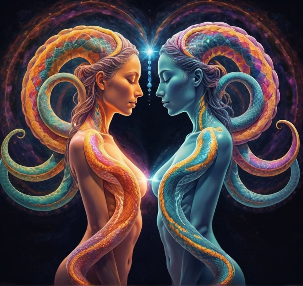 Prompt: Profile of male body to left , profile of full female body, exchanging infinite energy flow through their hands, Kundalini serpent coming up spine, Auras with lots of colors, psychedelic, dmt, unconditional love, spiritual 