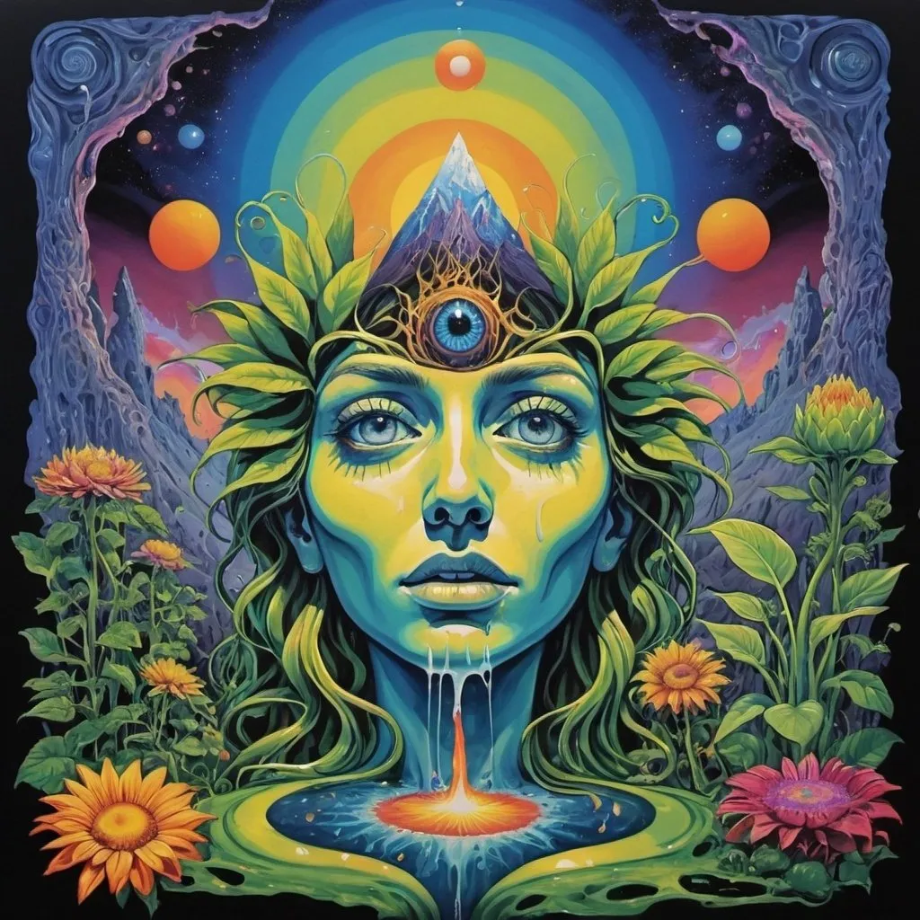 Prompt: DMT ,melting, concert poster, trick of the eye painting , plant goddesses 