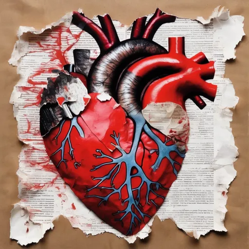 Prompt: Woman tabloid art, collage torn red highlights, cut old paper backdrop, bold brushstroke, gritty texture, feeling of loneliness and heartache. Picture of anatomical heart with scars and wounds