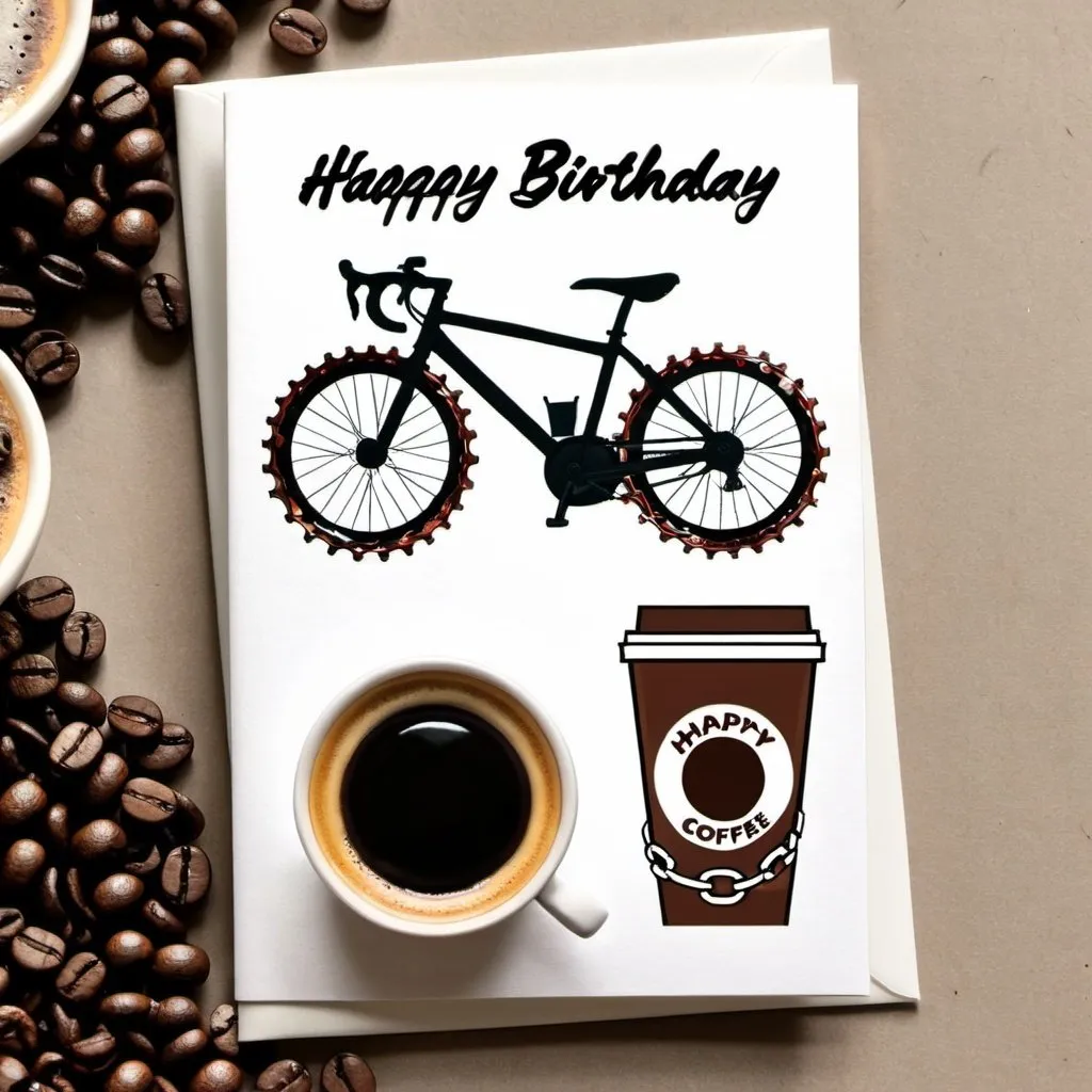 Prompt: Birthday card with bike chain and coffee